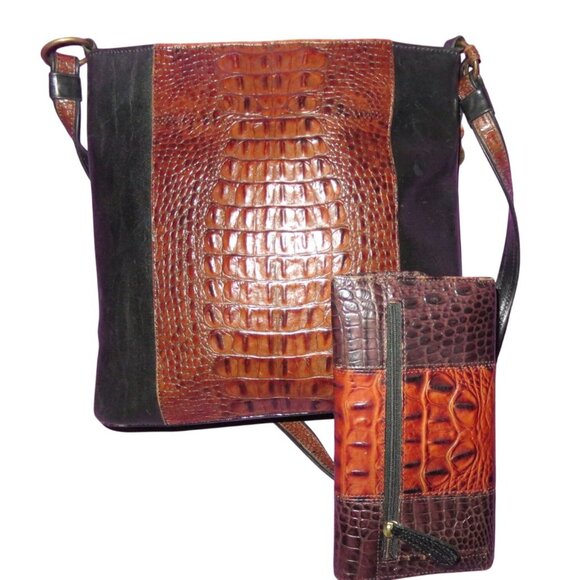 BRAHMIN Pecan Melbourne Croc Embossed Leather Tote & Wallet and Checkbook holder - Picture 2 of 15